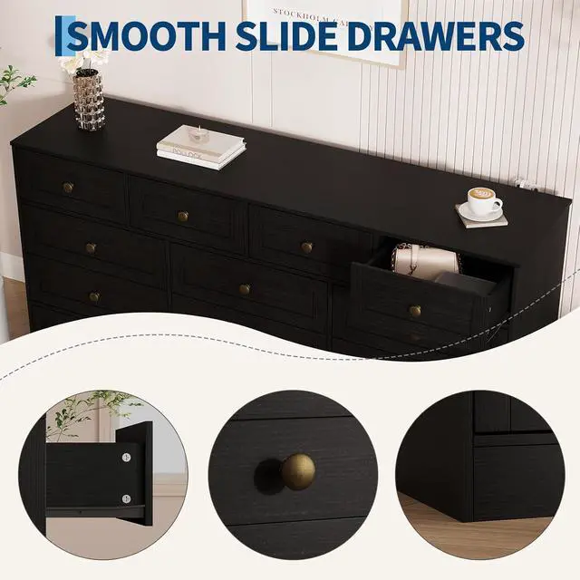 Alt view image 6 of 7 - Patikuin 12 Drawer Black Wooden Dressers for Bedroom, Large Wood Chest of Drawers with Anti-Tip, Farmhouse TV Stand Dresser for Living Room, Hallway, Entryway Storage Organization, 61W×31.5H×15.8D