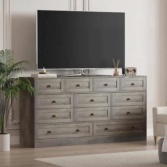 Main image of Patikuin 12 Drawer Gray Wooden Dressers for Bedroom, Large Wood Chest of Drawers with Anti-Tip, Farmhouse TV Stand Dresser for Living Room, Hallway, Entryway Storage Organization, 61W×31.5H×15.8D