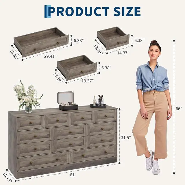 Alt view image 2 of 7 - Patikuin 12 Drawer Gray Wooden Dressers for Bedroom, Large Wood Chest of Drawers with Anti-Tip, Farmhouse TV Stand Dresser for Living Room, Hallway, Entryway Storage Organization, 61W×31.5H×15.8D