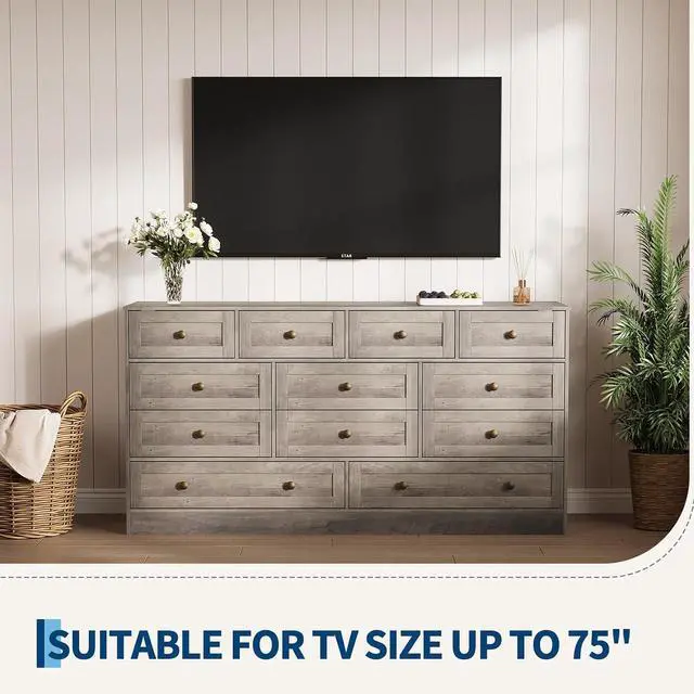Alt view image 3 of 7 - Patikuin 12 Drawer Gray Wooden Dressers for Bedroom, Large Wood Chest of Drawers with Anti-Tip, Farmhouse TV Stand Dresser for Living Room, Hallway, Entryway Storage Organization, 61W×31.5H×15.8D