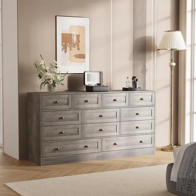 Alt view image 4 of 7 - Patikuin 12 Drawer Gray Wooden Dressers for Bedroom, Large Wood Chest of Drawers with Anti-Tip, Farmhouse TV Stand Dresser for Living Room, Hallway, Entryway Storage Organization, 61W×31.5H×15.8D