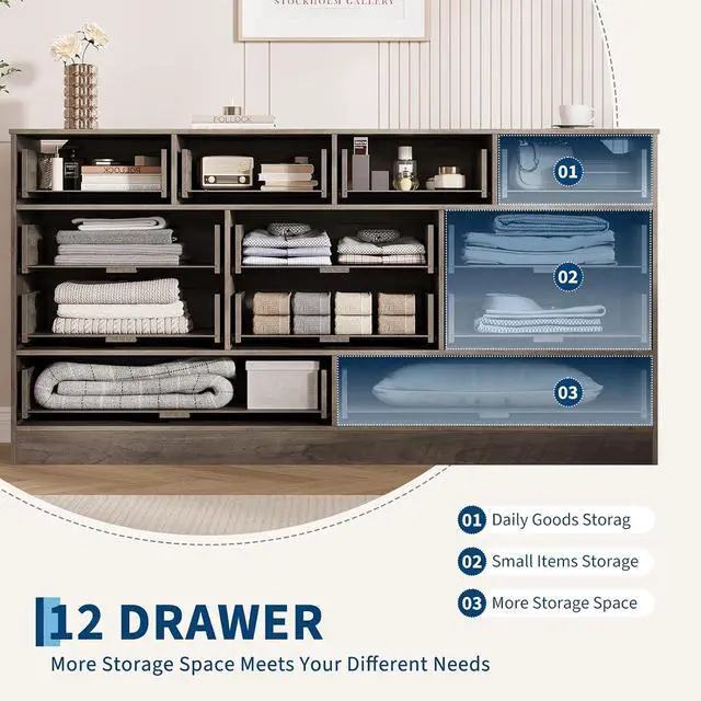 Alt view image 5 of 7 - Patikuin 12 Drawer Gray Wooden Dressers for Bedroom, Large Wood Chest of Drawers with Anti-Tip, Farmhouse TV Stand Dresser for Living Room, Hallway, Entryway Storage Organization, 61W×31.5H×15.8D