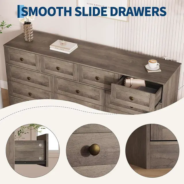 Alt view image 6 of 7 - Patikuin 12 Drawer Gray Wooden Dressers for Bedroom, Large Wood Chest of Drawers with Anti-Tip, Farmhouse TV Stand Dresser for Living Room, Hallway, Entryway Storage Organization, 61W×31.5H×15.8D