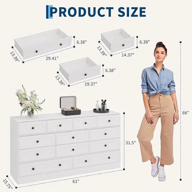 Alt view image 2 of 7 - Patikuin 12 Drawer White Wooden Dressers for Bedroom, Large Wood Chest of Drawers with Anti-Tip, Farmhouse TV Stand Dresser for Living Room, Hallway, Entryway Storage Organization, 61W×31.5H×15.8D