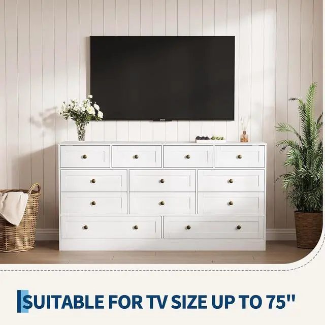 Alt view image 3 of 7 - Patikuin 12 Drawer White Wooden Dressers for Bedroom, Large Wood Chest of Drawers with Anti-Tip, Farmhouse TV Stand Dresser for Living Room, Hallway, Entryway Storage Organization, 61W×31.5H×15.8D