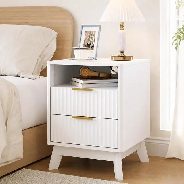 Main image of Patikuin Fluted Nightstand with Charging Station, 2-Drawer End Table with Open Shelf, Modern White Wood Bedside Cabinet, Sofa Side Table with USB & Outlets, White