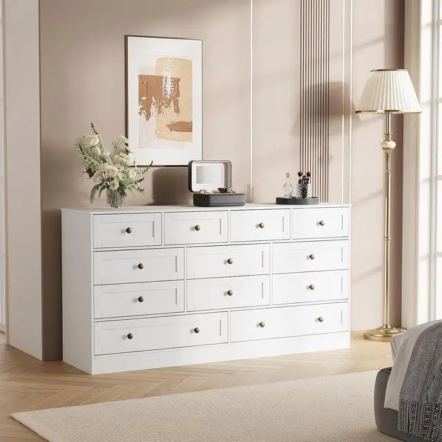 Alt view image 4 of 7 - Patikuin 12 Drawer White Wooden Dressers for Bedroom, Large Wood Chest of Drawers with Anti-Tip, Farmhouse TV Stand Dresser for Living Room, Hallway, Entryway Storage Organization, 61W×31.5H×15.8D