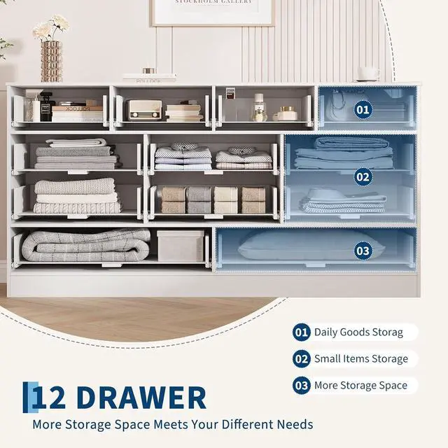 Alt view image 5 of 7 - Patikuin 12 Drawer White Wooden Dressers for Bedroom, Large Wood Chest of Drawers with Anti-Tip, Farmhouse TV Stand Dresser for Living Room, Hallway, Entryway Storage Organization, 61W×31.5H×15.8D