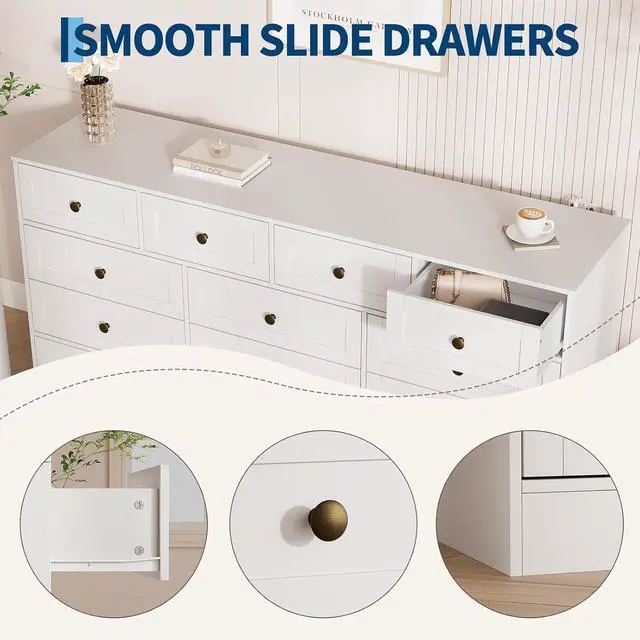 Alt view image 6 of 7 - Patikuin 12 Drawer White Wooden Dressers for Bedroom, Large Wood Chest of Drawers with Anti-Tip, Farmhouse TV Stand Dresser for Living Room, Hallway, Entryway Storage Organization, 61W×31.5H×15.8D