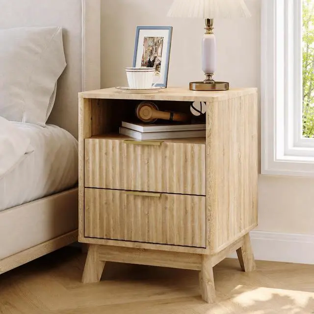 Main image of Patikuin Fluted Nightstand with Charging Station, 2-Drawer End Table with Open Shelf, Modern White Wood Bedside Cabinet, Sofa Side Table with USB & Outlets, Oak