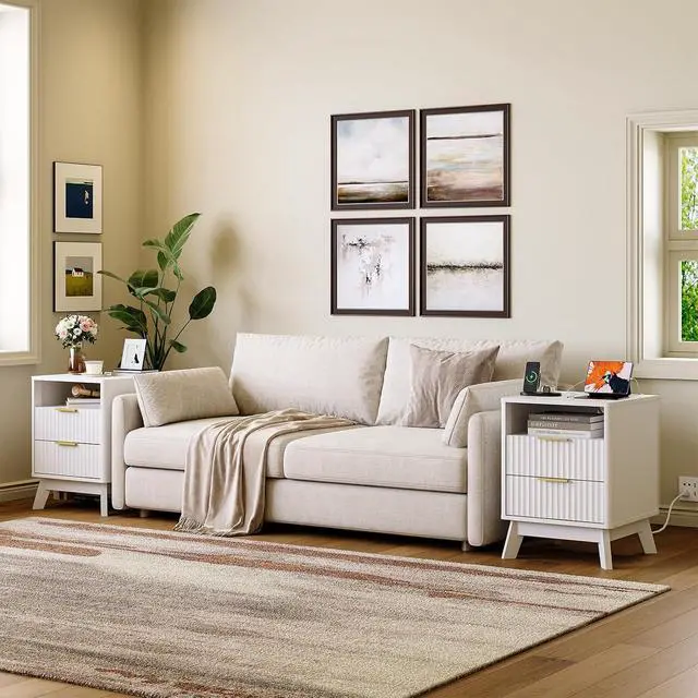 Alt view image 3 of 7 - Patikuin Fluted Nightstand with Charging Station, 2-Drawer End Table with Open Shelf, Modern White Wood Bedside Cabinet, Sofa Side Table with USB & Outlets, White