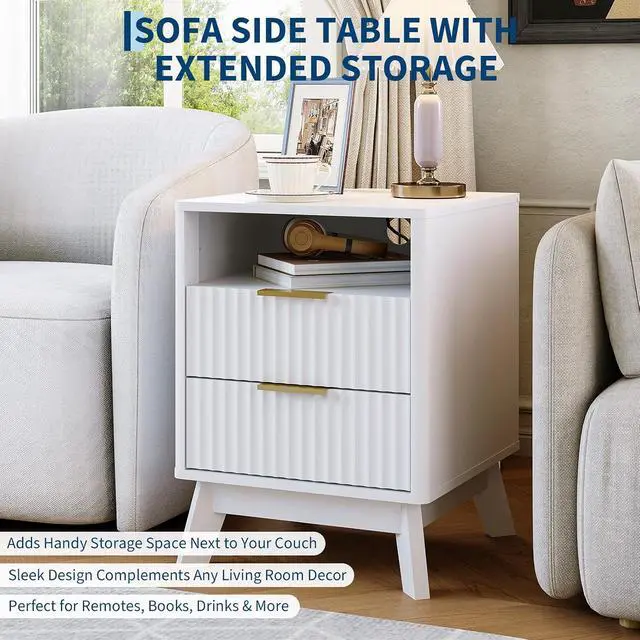 Alt view image 5 of 7 - Patikuin Fluted Nightstand with Charging Station, 2-Drawer End Table with Open Shelf, Modern White Wood Bedside Cabinet, Sofa Side Table with USB & Outlets, White
