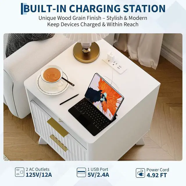 Alt view image 6 of 7 - Patikuin Fluted Nightstand with Charging Station, 2-Drawer End Table with Open Shelf, Modern White Wood Bedside Cabinet, Sofa Side Table with USB & Outlets, White