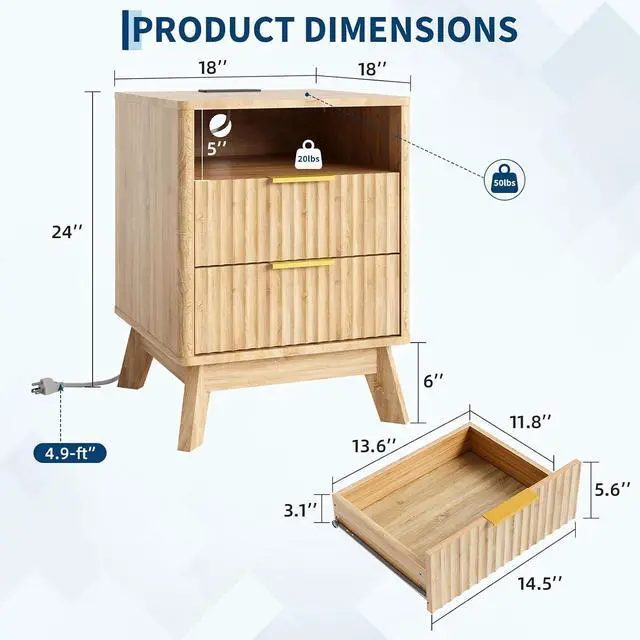 Alt view image 2 of 7 - Patikuin Fluted Nightstand with Charging Station, 2-Drawer End Table with Open Shelf, Modern White Wood Bedside Cabinet, Sofa Side Table with USB & Outlets, Oak