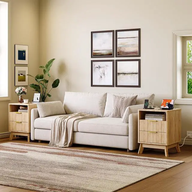 Alt view image 3 of 7 - Patikuin Fluted Nightstand with Charging Station, 2-Drawer End Table with Open Shelf, Modern White Wood Bedside Cabinet, Sofa Side Table with USB & Outlets, Oak