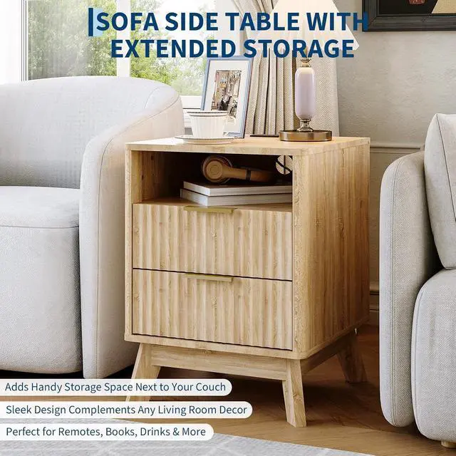 Alt view image 5 of 7 - Patikuin Fluted Nightstand with Charging Station, 2-Drawer End Table with Open Shelf, Modern White Wood Bedside Cabinet, Sofa Side Table with USB & Outlets, Oak