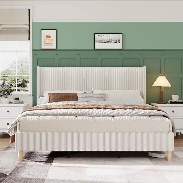 Main image of Patikuin King Size Bed Frame, 50.4" High Wingback Headboard, Corduroy Upholstered Platform Bed, No Box Spring Needed, Sturdy Wooden Slats, Noise Free, Easy Assembly