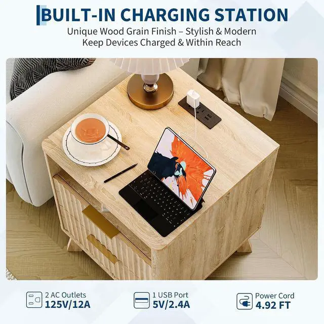Alt view image 6 of 7 - Patikuin Fluted Nightstand with Charging Station, 2-Drawer End Table with Open Shelf, Modern White Wood Bedside Cabinet, Sofa Side Table with USB & Outlets, Oak