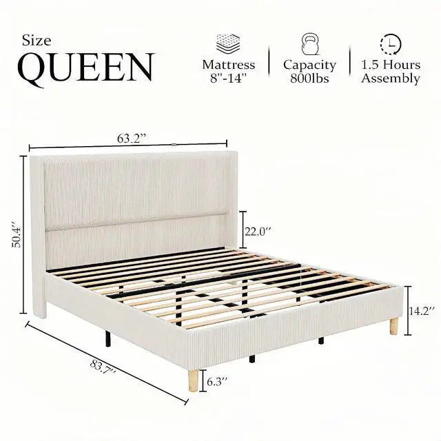 Alt view image 2 of 7 - Patikuin King Size Bed Frame, 50.4" High Wingback Headboard, Corduroy Upholstered Platform Bed, No Box Spring Needed, Sturdy Wooden Slats, Noise Free, Easy Assembly