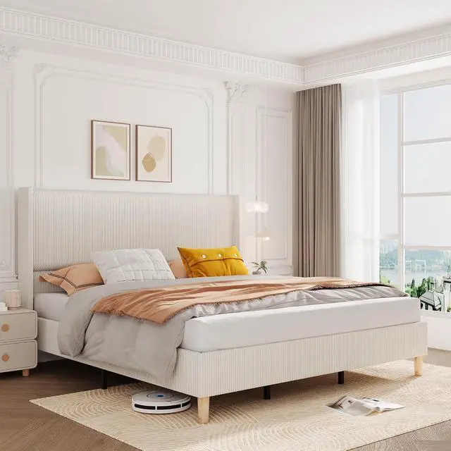 Alt view image 3 of 7 - Patikuin King Size Bed Frame, 50.4" High Wingback Headboard, Corduroy Upholstered Platform Bed, No Box Spring Needed, Sturdy Wooden Slats, Noise Free, Easy Assembly