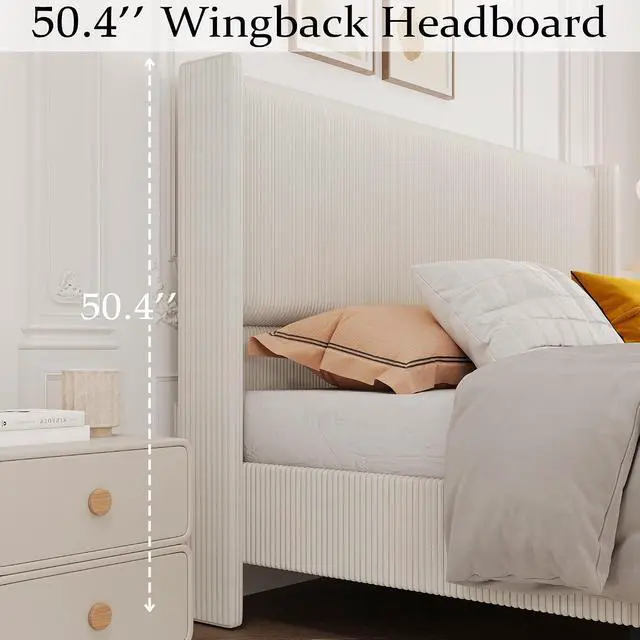 Alt view image 6 of 7 - Patikuin King Size Bed Frame, 50.4" High Wingback Headboard, Corduroy Upholstered Platform Bed, No Box Spring Needed, Sturdy Wooden Slats, Noise Free, Easy Assembly