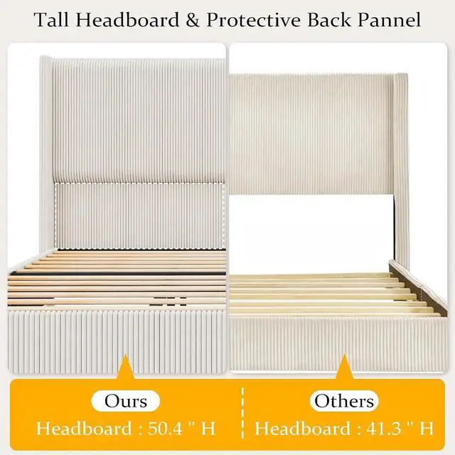 Alt view image 7 of 7 - Patikuin King Size Bed Frame, 50.4" High Wingback Headboard, Corduroy Upholstered Platform Bed, No Box Spring Needed, Sturdy Wooden Slats, Noise Free, Easy Assembly