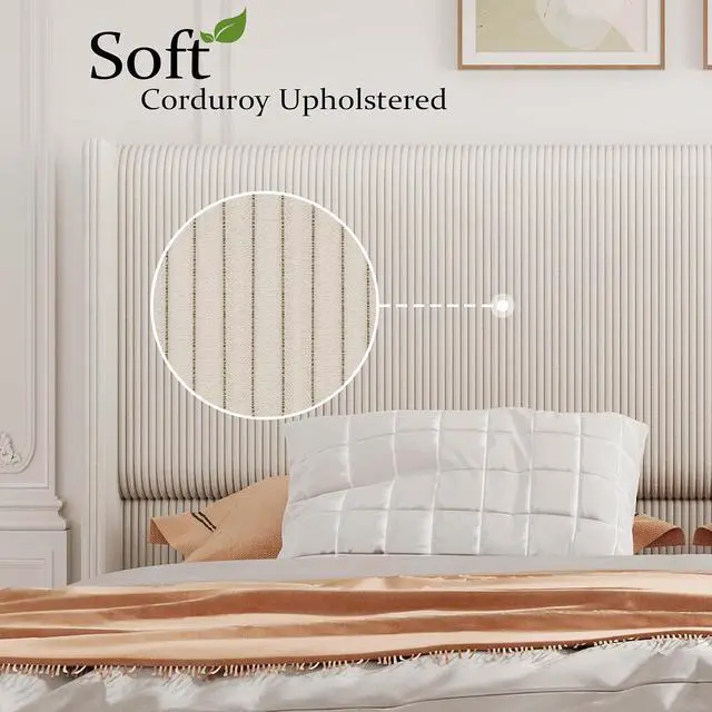 Alt view image 5 of 7 - Patikuin King Size Bed Frame, 50.4" High Wingback Headboard, Corduroy Upholstered Platform Bed, No Box Spring Needed, Sturdy Wooden Slats, Noise Free, Easy Assembly