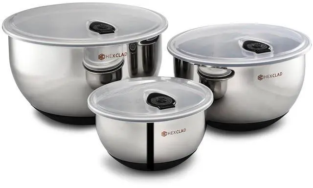 Main image of HexClad Stainless Steel Mixing Bowl Set, 3-Piece with Vacuum Seal Lids and Non-Slip Base, 1.3,3 and 5 Quarts
