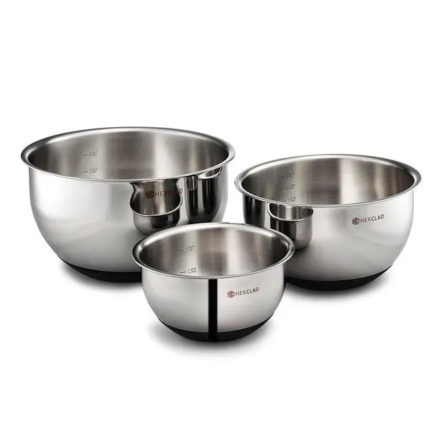 Alt view image 2 of 7 - HexClad Stainless Steel Mixing Bowl Set, 3-Piece with Vacuum Seal Lids and Non-Slip Base, 1.3,3 and 5 Quarts