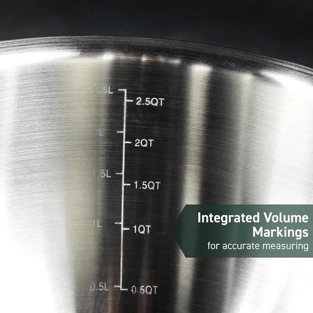 Alt view image 5 of 7 - HexClad Stainless Steel Mixing Bowl Set, 3-Piece with Vacuum Seal Lids and Non-Slip Base, 1.3,3 and 5 Quarts