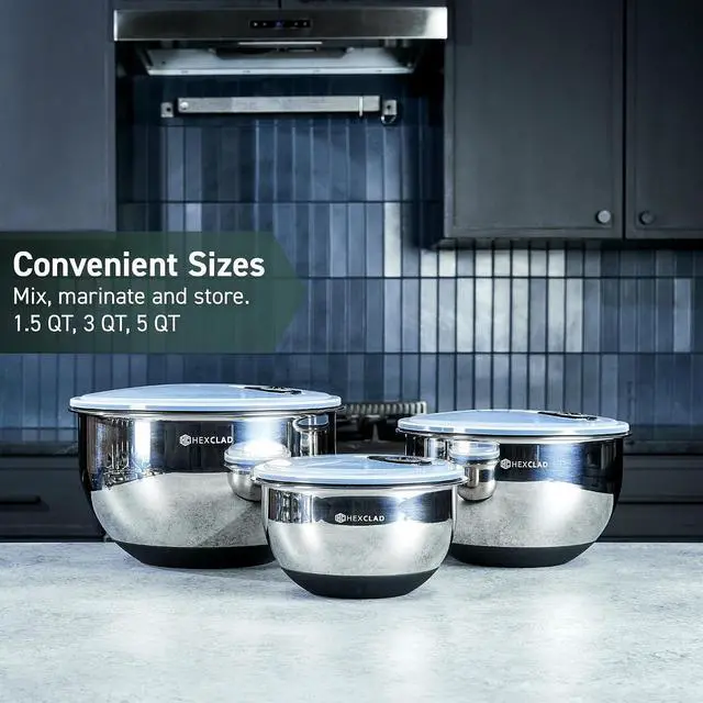 Alt view image 6 of 7 - HexClad Stainless Steel Mixing Bowl Set, 3-Piece with Vacuum Seal Lids and Non-Slip Base, 1.3,3 and 5 Quarts