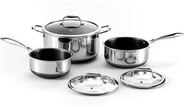 Main image of HexClad Hybrid Nonstick 6-Piece Pot Set, 2, 3, and 8-Quart Pots with Tempered Glass Lids, Stay-Cool Handles, Dishwasher Safe, Compatible with All Cooktops