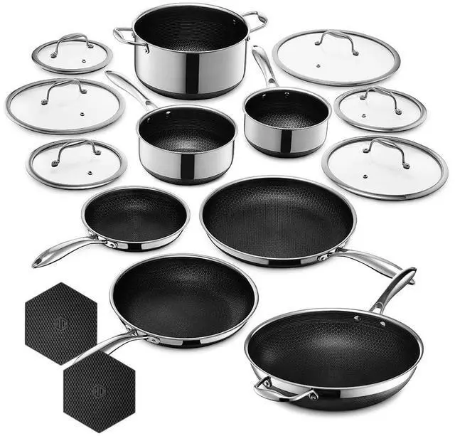 Main image of HexClad Hybrid Nonstick 15-Piece Cookware Set, 12" Wok, 8", 10", and 12" Pans with Lids, 2, 3, and 8Qt Pots with Lids, and 2 Silicone Trivets, Stay-Cool Handles, Dishwasher and Oven-Safe