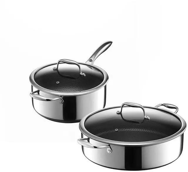 Main image of HexClad Hybrid Nonstick 4-Piece Cookware Set, 5Qt Saucepan with Lid and 7Qt Chicken Fryer with Lid, Stay-Cool Handles, Dishwasher and Oven-Safe, Induction Ready, Compatible with All Cooktops