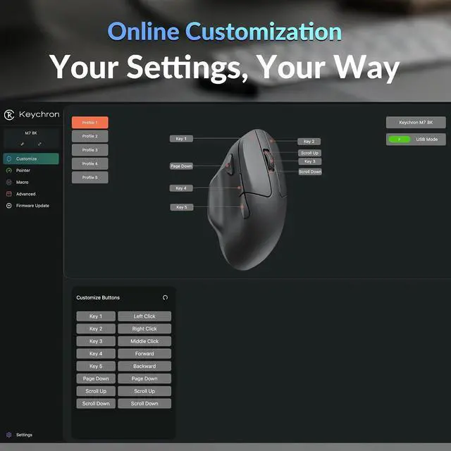 Alt view image 2 of 7 - Keychron M7 8K Wireless Mouse, 30K DPI Optical Computer Mice, 2.4 GHz/Bluetooth/Wired with Macro Button 66g Lightweight Ergonomic, Up to 140 Hours Worktime for Laptop macOS/Windows - White