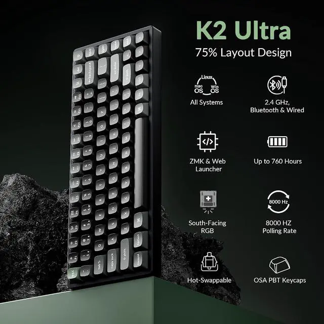 Alt view image 2 of 7 - Keychron K2 Ultra 8K 75% Wireless Mechanical Keyboard, Hot-Swappable Keyboard with Apex Brown Switches, 760h Battery Life, Bluetooth/2.4GHz/Wired, PBT Keycaps, ZMK Programmable, RGB, Mac Windows Linux