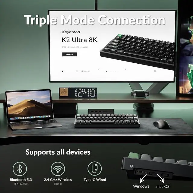 Alt view image 3 of 7 - Keychron K2 Ultra 8K 75% Wireless Mechanical Keyboard, Hot-Swappable Keyboard with Apex Brown Switches, 760h Battery Life, Bluetooth/2.4GHz/Wired, PBT Keycaps, ZMK Programmable, RGB, Mac Windows Linux