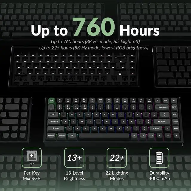Alt view image 5 of 7 - Keychron K2 Ultra 8K 75% Wireless Mechanical Keyboard, Hot-Swappable Keyboard with Apex Brown Switches, 760h Battery Life, Bluetooth/2.4GHz/Wired, PBT Keycaps, ZMK Programmable, RGB, Mac Windows Linux