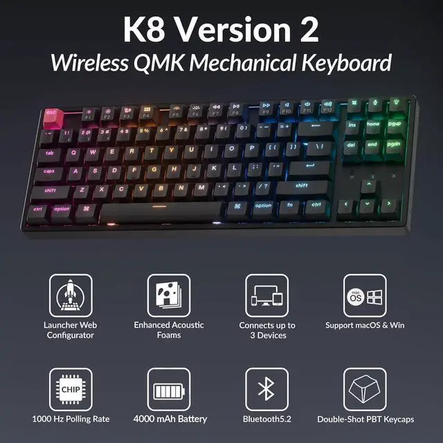 Alt view image 2 of 7 - Keychron K8 Version 2 TKL Wireless Mechanical Keyboard, QMK/Launcher Bluetooth 5.2/Wired, RGB Backlit Shine-Through PBT Keycaps, Super Banana Switch, Aluminum Frame for Mac Windows Linux