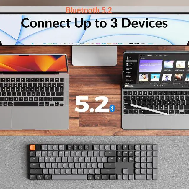 Alt view image 3 of 7 - Keychron K5 Version 2 Wireless Bluetooth 5.2 Mechanical Keyboard, Low Profile Milk POM Switch Full-Size 100% Layout QMK Programmable, White Backlit with Shine-Through Keycaps for Mac Windows Linux