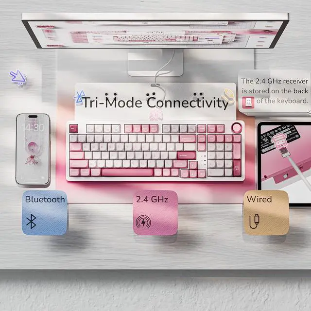 Alt view image 2 of 7 - Keychron J3 SE Pink Mechanical Keyboard Wireless, Compact 96% Layout with Numpad Knob, 2.4 GHz/Bluetooth/Wired Custom RGB Backlit, Hot-Swappable Sakura Milk Switch for Mac Windows Linux
