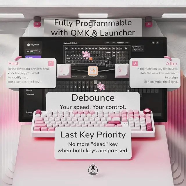 Alt view image 3 of 7 - Keychron J3 SE Pink Mechanical Keyboard Wireless, Compact 96% Layout with Numpad Knob, 2.4 GHz/Bluetooth/Wired Custom RGB Backlit, Hot-Swappable Sakura Milk Switch for Mac Windows Linux