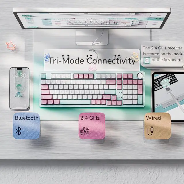 Alt view image 2 of 7 - Keychron J3 SE Pink Blue Mechanical Keyboard Wireless, Compact 96% Layout with Numpad Knob, 2.4 GHz/Bluetooth/Wired Custom RGB Backlit, Hot-Swappable Sakura Milk Switch for Mac Windows Linux