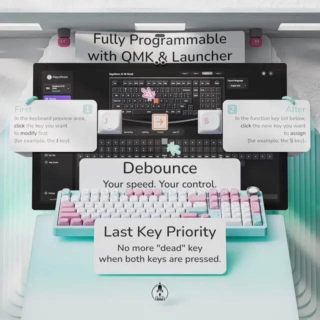 Alt view image 3 of 7 - Keychron J3 SE Pink Blue Mechanical Keyboard Wireless, Compact 96% Layout with Numpad Knob, 2.4 GHz/Bluetooth/Wired Custom RGB Backlit, Hot-Swappable Sakura Milk Switch for Mac Windows Linux
