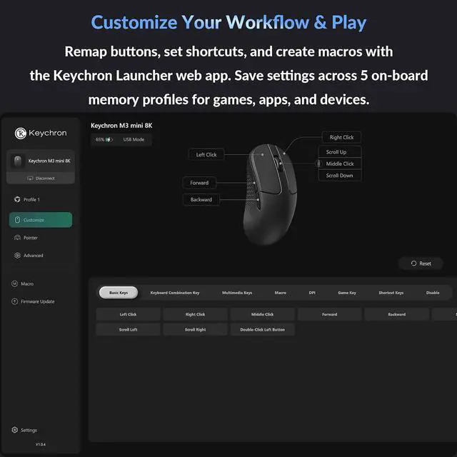 Alt view image 7 of 7 - Keychron M3 Mini 8K Wireless Gaming Mouse, 55g Lightweight, PixArt 3950 Sensor, 30K DPI, Bluetooth 5.3/2.4GHz/Wired, Programmable, 140H Battery, for Mac/Windows/Linux - Black