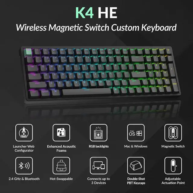 Alt view image 2 of 7 - Keychron K4 HE 96% Wireless Hall Effect Keyboard with Number Pad, Rapid Trigger Magnetic Switches, QMK Launcher, 2.4GHz/Bluetooth/Wired, Mac & Windows, Aluminum Frame, Black (Shine-Through)