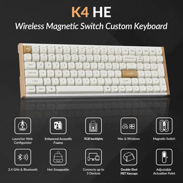 Alt view image 2 of 7 - Keychron K4 HE 96% Wireless Hall Effect Keyboard with Number Pad, Rapid Trigger Magnetic Switches, QMK Launcher, 2.4GHz/Bluetooth/Wired, Mac & Windows, Wood Accent Frame, White (Non-Shine-Through)