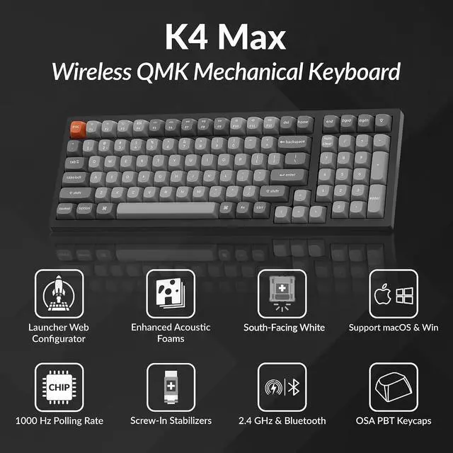 Alt view image 2 of 7 - Keychron K4 Max Wireless/Wired Mechanical Keyboard, 96% Layout QMK 2.4 GHz Bluetooth Connection, Non-Shine Through PBT Keycaps White Backlit Compatible with Mac Windows Linux