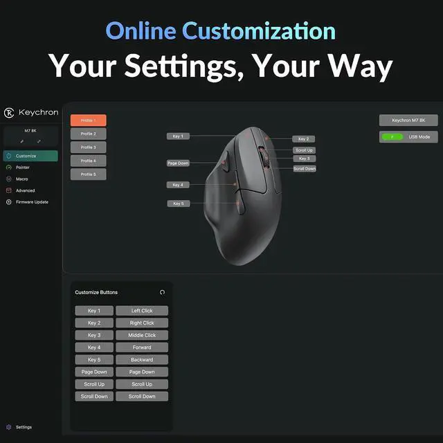 Alt view image 2 of 7 - Keychron M7 8K Wireless Mouse, 30K DPI Optical Computer Mice, 2.4 GHz/Bluetooth/Wired with Macro Button 66g Lightweight Ergonomic, Up to 140 Hours Worktime for Laptop macOS/Windows - Black