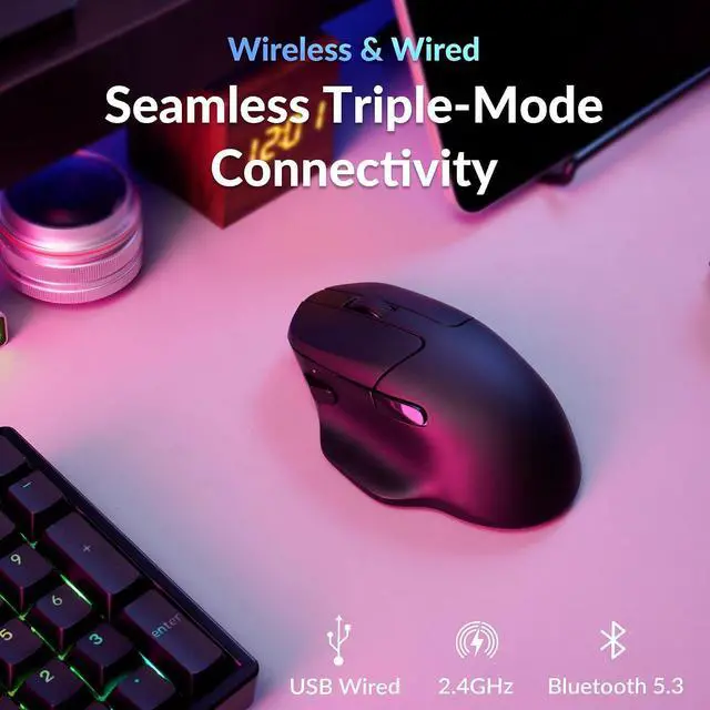 Alt view image 4 of 7 - Keychron M7 8K Wireless Mouse, 30K DPI Optical Computer Mice, 2.4 GHz/Bluetooth/Wired with Macro Button 66g Lightweight Ergonomic, Up to 140 Hours Worktime for Laptop macOS/Windows - Black